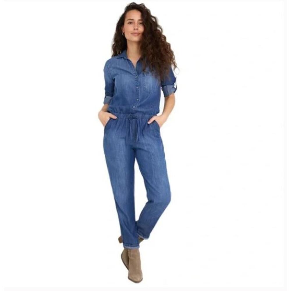 Bella Dahl Blue Denim Utility Jumpsuit S Drawstring Waist, Pockets, Button Front